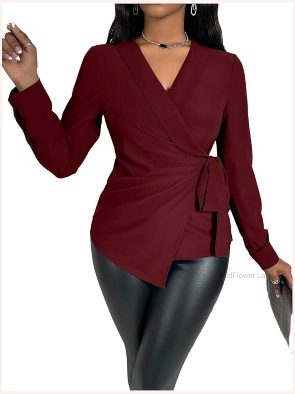 Wrap V Neck Blouse Long Sleeve Business Dressy Going Out Shirt Tie Side
